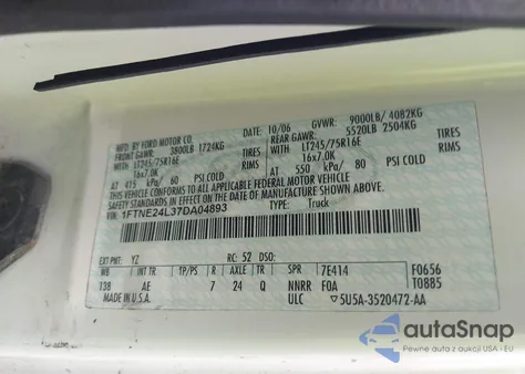 2007 Ford E-250 Commercial/Recreational z USA, uszkodzony, nr VIN 1FTNE24L37DA04893